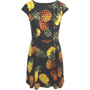 PUKAVT Pineapple Print Dress Womens 3XL Black Yellow Tropical Fit & Flare Modern